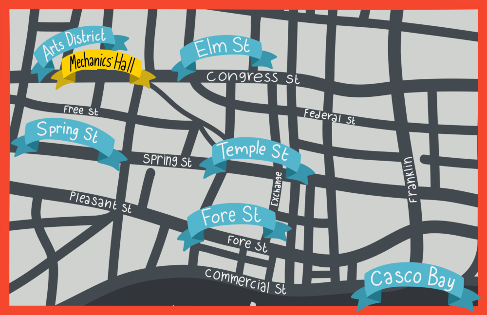 Illustrated map showing the location of the parking garages highlighted on this page.